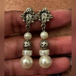 Silver tone faux pearl and stone earrings